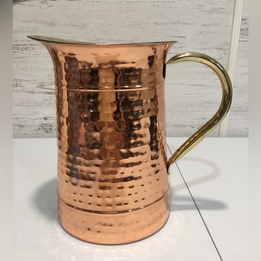 Vintage Hammered / Dimpled Copper Pitcher With Brass Handle Made In India - Picture 2 of 10